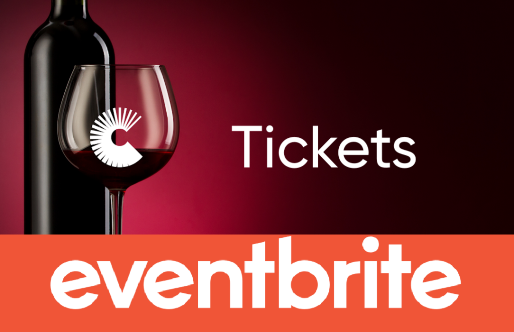Graphic featuring a wine bottle and a partially filled wine glass against a deep red gradient background. The Crisis Services “C” logo appears on the glass. Large white text reads “Tickets,” and an orange banner at the bottom displays the Eventbrite logo.