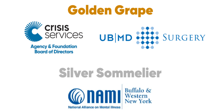 Graphic displaying sponsor recognition for the Uncorking Hope event. At the top, “Golden Grape” appears in gold text above two logos: Crisis Services Agency & Foundation Board of Directors on the left and UBMD Surgery on the right. Below, “Silver Sommelier” appears in gray text above the logo for NAMI Buffalo & Western New York (National Alliance on Mental Illness).