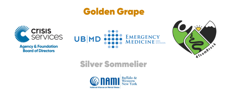 Graphic with sponsor tiers on a light gray background. At the top, “Golden Grape” appears in gold text above three logos: Crisis Services Agency & Foundation Board of Directors, UBMD Emergency Medicine EMS Division, and 4TeamBrock. Below, “Silver Sommelier” appears in gray text above the NAMI Buffalo & Western New York logo.